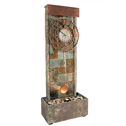 Sunnydaze 49-Inch Slate Outdoor Water Fountain with Clock and LED Light