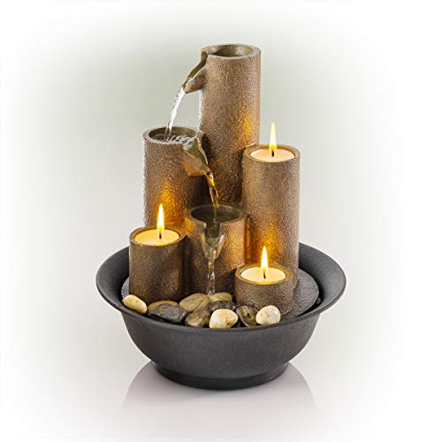 Alpine Corporation Tiered Column Tabletop Fountain with 3 Candles | Mini Waterfall
