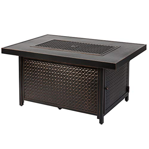 Fire Sense Weyland Rectangular Aluminum LPG Fire Pit Table | Hammered Antique Bronze Finish | 50,000 BTU Output | Uses 20 Pound Propane Tank | Fire Bowl Lid, Vinyl Weather Cover, and Clear Fire Glass