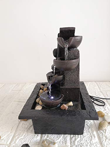 Tabletop Fountain Indoor Water Led Desk Fountain 4-Tiered Resin Pouring Pots & Automatic Pump Indoor Waterfall Fountain - Succulent Plant Natural Stone Base Small Indoor Fountain (21.5 X 19 X 28 cm)