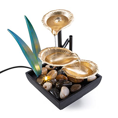 AMOOTEK Tabletop Fountain Desktop 3-Tier Indoor Golden Lotus Leaf Relaxation Fountains Waterfall, Office Home Decor Including Lots of Natural River Rocks and Warm Yellow Scene Light, AM-MR2005
