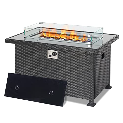 JULY'S SONG Propane Gas Fire Pit Table with Wind Guard for Indoor Outdoor, Auto-Ignition Firepits, 43 inch Rattan Table 50,000 BTU, Black