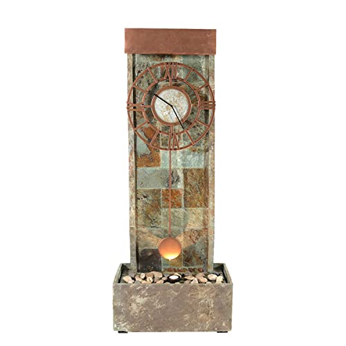 Sunnydaze 49-Inch Slate Outdoor Water Fountain with Clock and LED Light