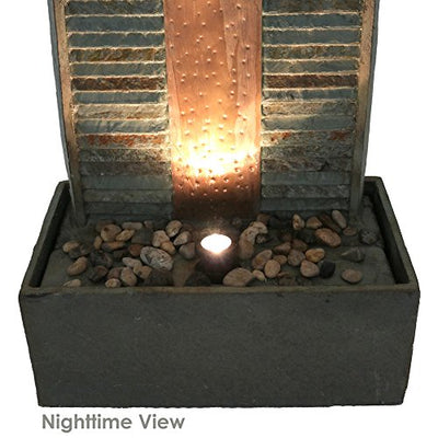 Sunnydaze Outdoor Water Fountain - Large Rippled Slate Garden Water Feature - Backyard Waterfall with Copper Accents & LED Spotlight - 48 Inch Tall - Perfect for Yard, Garden, Patio or Porch