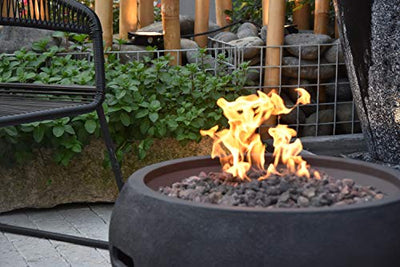 Modeno York Outdoor Firepit Table Grey Durable Round Fire Bowl Glass Fiber Reinforced Concrete Patio Fireplace 27 Inches Electronic Ignition Cover Lava Rock Included Natural Gas