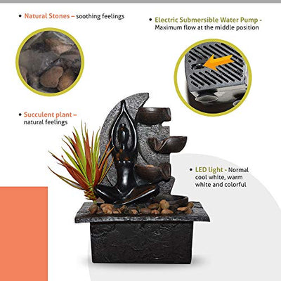 Tabletop Fountain Indoor Water Led Desk Fountain 4-Tiered Resin Pouring Pots & Automatic Pump Indoor Waterfall Fountain - Succulent Plant Natural Stone Base Small Indoor Fountain (21.5 X 19 X 28 cm)
