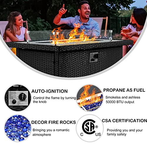 JULY'S SONG Propane Gas Fire Pit Table with Wind Guard for Indoor Outdoor, Auto-Ignition Firepits, 43 inch Rattan Table 50,000 BTU, Black