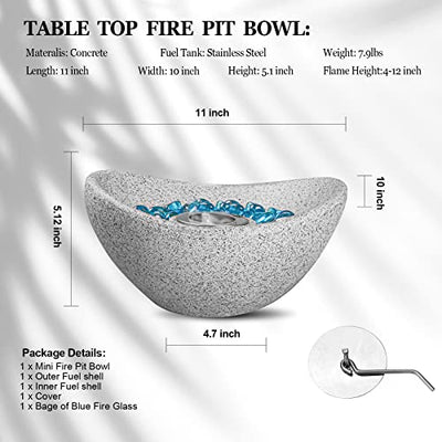 Table Top Fire Pit Bowl – Concret Tabletop Fire Bowl for Indoor and Outdoor, Portable Personal Fireplace Rubbing Alcohol for Patio Coffee Table Decor