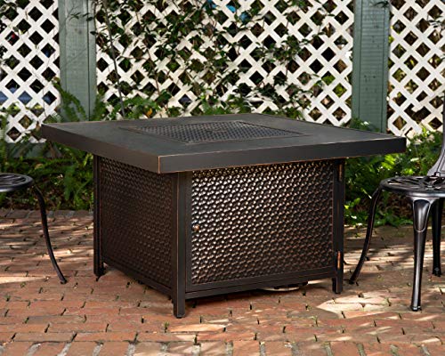 Fire Sense Weyland Square Aluminum LPG Fire Pit Table | Antique Bronze Finish | 50,000 BTU Output | Uses 20 Pound Propane Tank | Fire Bowl Lid, Vinyl Weather Cover, and Clear Fire Glass Included |