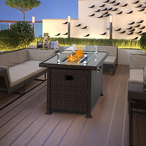 JULY'S SONG Propane Gas Fire Pit Table with Wind Guard for Indoor Outdoor, Auto-Ignition Firepits, 43 inch Rattan Table 50,000 BTU, Black