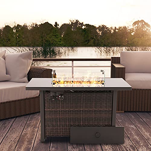 44 in Propane Fire Pit Table,Rattan Fire Pit Table with Glass Wind Guard