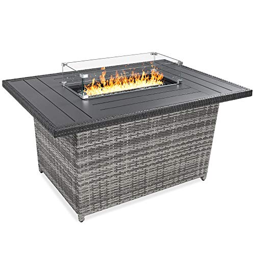 Best Choice Products 52in Gas Fire Pit Table, 50,000 BTU Outdoor Wicker Patio Propane Firepit w/Aluminum Tabletop, Glass Wind Guard, Clear Glass Rocks, Cover, Hideaway Tank Holder, Lid - Gray