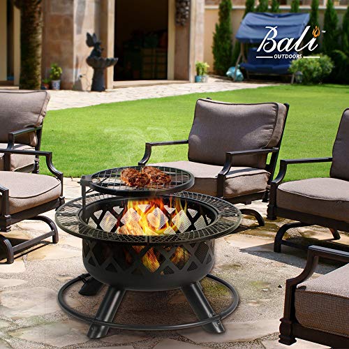 BALI OUTDOORS Wood Burning Fire Pit with Quick Removable Cooking Grill, Black, 32in