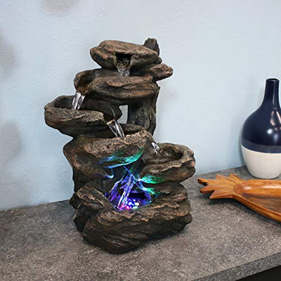 Sunnydaze 6-Tier Staggered Rock Falls Tabletop Fountain with Colored LED Lights - Natural Interior Waterfall Decorative Accent for Home or Office - 13.5-inch