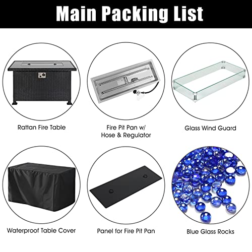 JULY'S SONG Propane Gas Fire Pit Table with Wind Guard for Indoor Outdoor, Auto-Ignition Firepits, 43 inch Rattan Table 50,000 BTU, Black