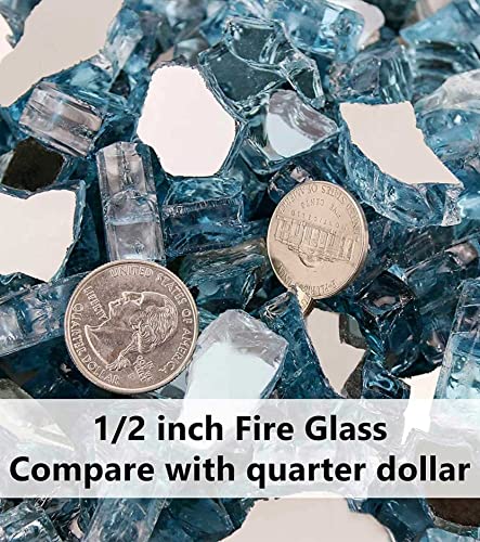 GRISUN Aqua Blue Fire Glass for Fire Pit, 20 Pounds 1/2 Inch High Luster Reflective Tempered Glass Rocks for Natural or Propane Fireplace, Safe for Outdoors and Indoors Firepit Glass
