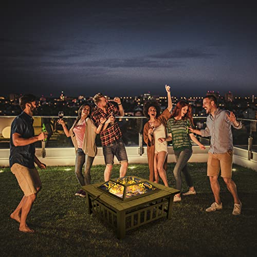 Bonnlo Outdoor Portable Fire Pit 32" with Barbecue/Cooking Grill, Poker and Rain Cover Square Metal 3 in 1 Wood Burning Fire Pit Backyard Patio Terrace
