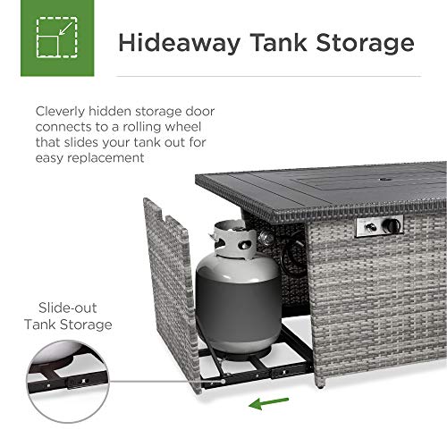 Best Choice Products 52in Gas Fire Pit Table, 50,000 BTU Outdoor Wicker Patio Propane Firepit w/Aluminum Tabletop, Glass Wind Guard, Clear Glass Rocks, Cover, Hideaway Tank Holder, Lid - Gray