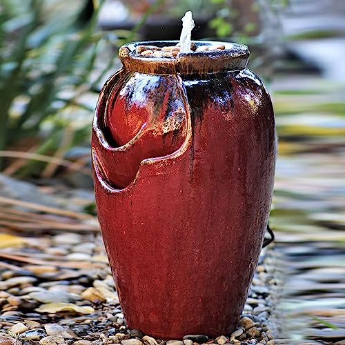 PLANTATOREM Tea Garden Fountain,27.5 Inch Tall, SELF CONTAINED, RED Copper ON OX RED, Modern Floor-Standing Waterfall Feature,Ceramic Fountain for Garden Patio,Yard Fountains Outdoor and Garden