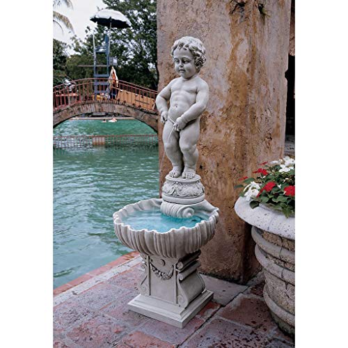 Design Toscano NG33505 Complete Manneken PIS Peeing Boy Fountain Garden Decor with Base Outdoor Water Feature, 17 Inches Wide, 17 Inches Deep, 45 Inches High, Antique Stone Finish