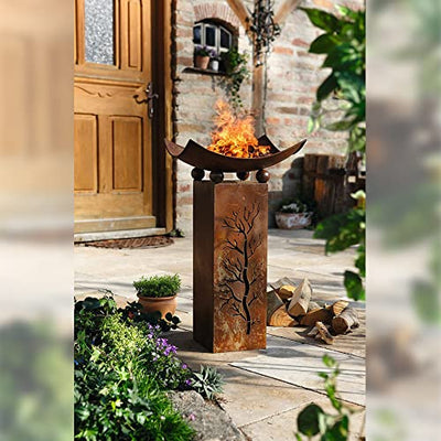 Rustic Metal Column with Removable Dish for Planter Bowl or Fire Bowl | Decorative Outdoor Pillar Sculpture for Outdoors Yard Porch Garden Décor