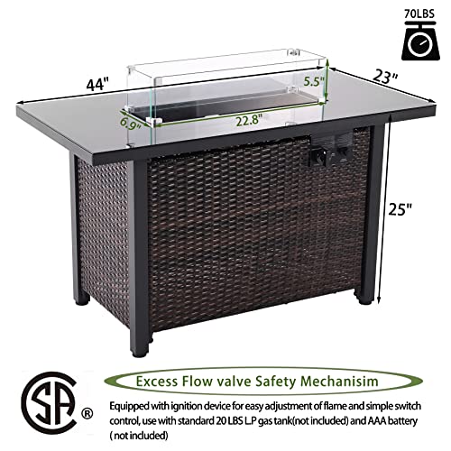 44 in Propane Fire Pit Table,Rattan Fire Pit Table with Glass Wind Guard