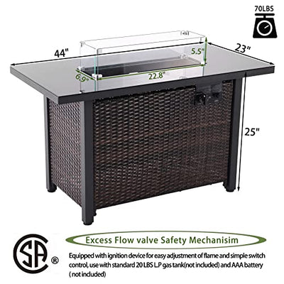44 in Propane Fire Pit Table,Rattan Fire Pit Table with Glass Wind Guard