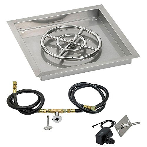 American Fireglass SS-SQPKIT-N-18 Natural Gas 18" Square Stainless Steel Drop-in Pan with Spark Ignition Kit (12" Fire Pit Ring)
