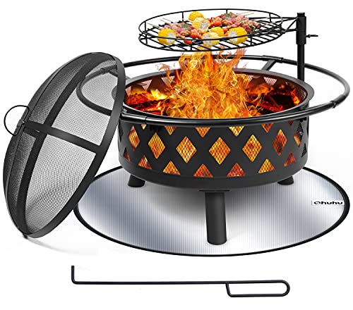 30 Inch Large Fire Pit with Cooking Grate for Outside, Ohuhu 2-in-1 Outdoor Wood Burning Fire Pits with Fireproof Mat, Mesh Lid &amp; Poker, BBQ Grill Firepit for Patio Backyard Garden Camping Bonfire