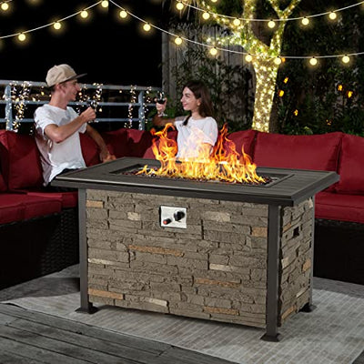 Vicluke 44 Inch Aluminum Propane Fire Pit Table with Faux Ledgestone, Hand-Painted Table Top, 50,000 BTU Gas Fire Table with CSA Certification, Waterproof Cover, Glass Rock for Outdoor, Patio(Grey)