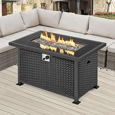 U-MAX Outdoor Propane Gas Fire Pit Table, 44 Inch 50,000 BTU Gas Auto-Ignition Rectangle Firepit for Patio with Black Rattan Surface,Tempered Glass Lid & Glass Stone Rock CSA Certification