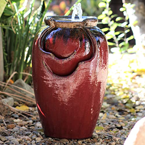 PLANTATOREM Tea Garden Fountain,27.5 Inch Tall, SELF CONTAINED, RED Copper ON OX RED, Modern Floor-Standing Waterfall Feature,Ceramic Fountain for Garden Patio,Yard Fountains Outdoor and Garden