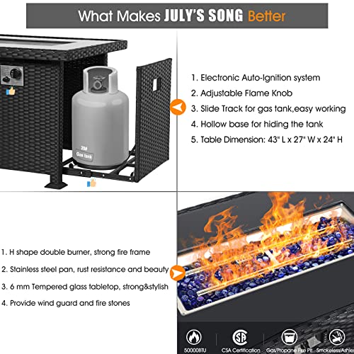 JULY'S SONG Propane Gas Fire Pit Table with Wind Guard for Indoor Outdoor, Auto-Ignition Firepits, 43 inch Rattan Table 50,000 BTU, Black