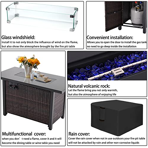 44 in Propane Fire Pit Table,Rattan Fire Pit Table with Glass Wind Guard