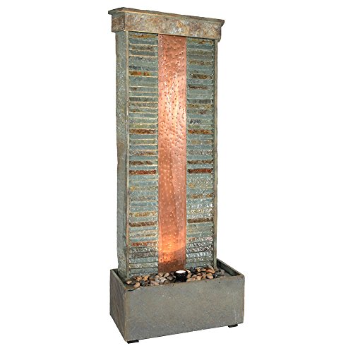 Sunnydaze Outdoor Water Fountain - Large Rippled Slate Garden Water Feature - Backyard Waterfall with Copper Accents &amp; LED Spotlight - 48 Inch Tall - Perfect for Yard, Garden, Patio or Porch