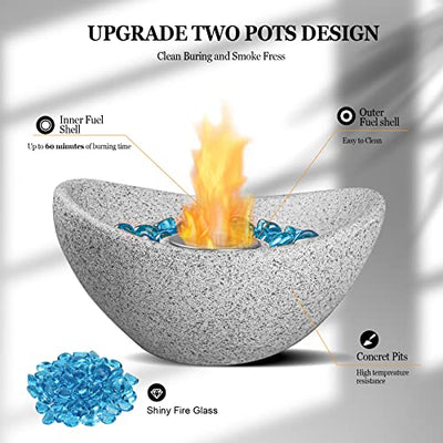 Table Top Fire Pit Bowl – Concret Tabletop Fire Bowl for Indoor and Outdoor, Portable Personal Fireplace Rubbing Alcohol for Patio Coffee Table Decor
