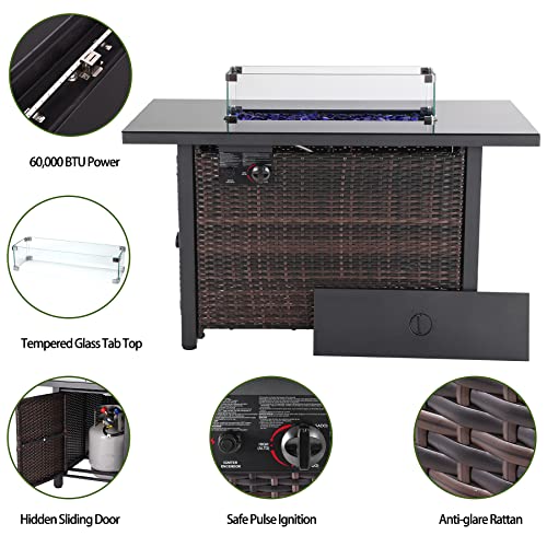 44 in Propane Fire Pit Table,Rattan Fire Pit Table with Glass Wind Guard