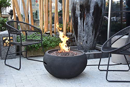 Modeno York Outdoor Firepit Table Grey Durable Round Fire Bowl Glass Fiber Reinforced Concrete Patio Fireplace 27 Inches Electronic Ignition Cover Lava Rock Included Natural Gas