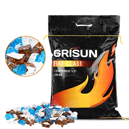 GRISUN 20 Pounds Blended Fire Glass for Fire Pit - 1/2 Inch High Luster Reflective Tempered Glass Rocks for Natural or Propane Fireplace, Safe for Outdoors and Indoors Firepit, Copper, Blue, White