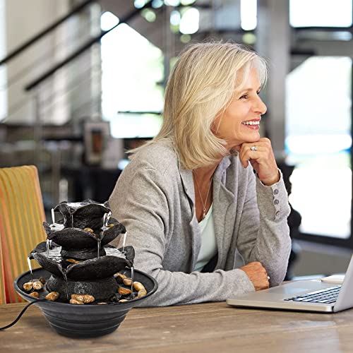 AOC 3 Tier Indoor Water Fountain with LED Lights Tabletop Fountain, Relaxation Tabletop Fountain, Mini Desktop Water Fountain for Living Room Bedroom (Includes Natural River Rocks)