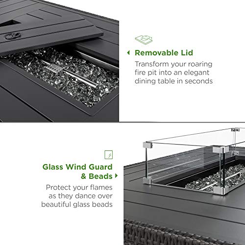 Best Choice Products 52in Gas Fire Pit Table, 50,000 BTU Outdoor Wicker Patio Propane Firepit w/Aluminum Tabletop, Glass Wind Guard, Clear Glass Rocks, Cover, Hideaway Tank Holder, Lid - Gray