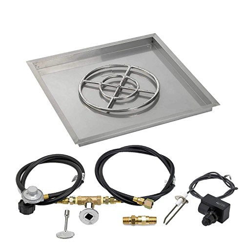 American Fireglass SS-SQPKIT-P-30 Propane 30" Square Stainless Steel Drop-in Pan with Spark Ignition Kit (18" Fire Pit Ring)
