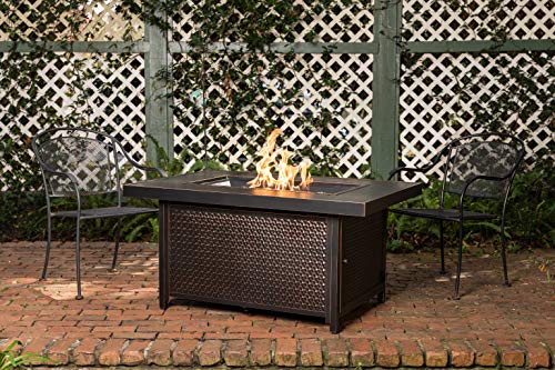 Fire Sense Weyland Rectangular Aluminum LPG Fire Pit Table | Hammered Antique Bronze Finish | 50,000 BTU Output | Uses 20 Pound Propane Tank | Fire Bowl Lid, Vinyl Weather Cover, and Clear Fire Glass