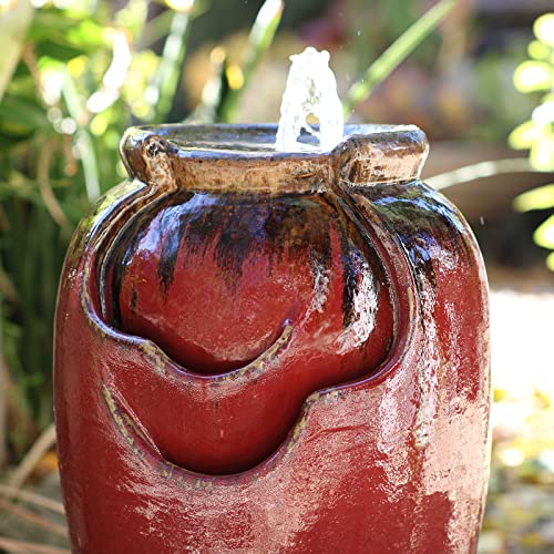 PLANTATOREM Tea Garden Fountain,27.5 Inch Tall, SELF CONTAINED, RED Copper ON OX RED, Modern Floor-Standing Waterfall Feature,Ceramic Fountain for Garden Patio,Yard Fountains Outdoor and Garden