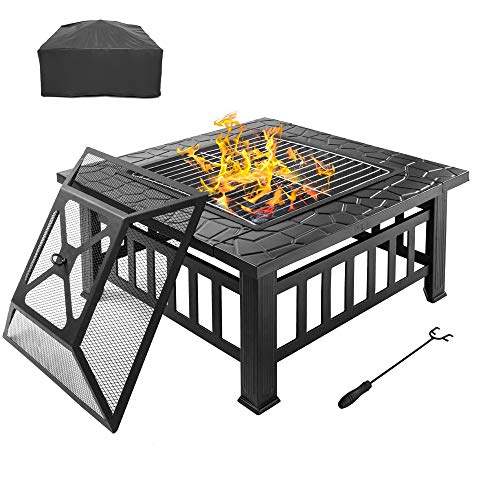 Bonnlo Outdoor Portable Fire Pit 32" with Barbecue/Cooking Grill, Poker and Rain Cover Square Metal 3 in 1 Wood Burning Fire Pit Backyard Patio Terrace