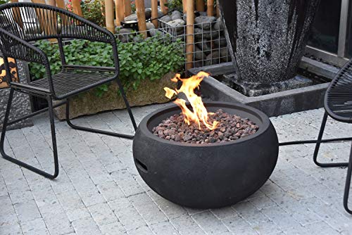 Modeno York Outdoor Firepit Table Grey Durable Round Fire Bowl Glass Fiber Reinforced Concrete Patio Fireplace 27 Inches Electronic Ignition Cover Lava Rock Included Natural Gas