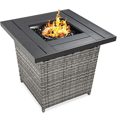Best Choice Products 28in Gas Fire Pit Table, 50,000 BTU Outdoor Wicker Patio Propane Firepit w/Faux Wood Tabletop, Clear Glass Rocks, Cover, Hideaway Tank Holder, Lid - Ash Gray