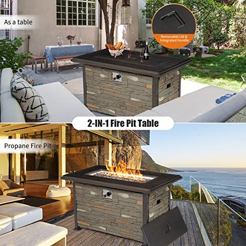 Vicluke 44 Inch Aluminum Propane Fire Pit Table with Faux Ledgestone