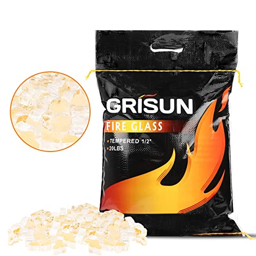 GRISUN Gold Fire Glass for Fire Pit, 20 Pounds 1/2 Inch High Luster Reflective Tempered Glass Rocks for Natural or Propane Fireplace, Safe for Outdoors and Indoors Firepit Glass