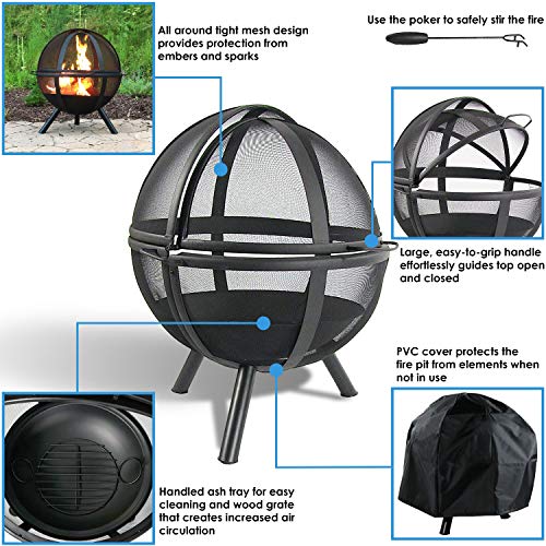 Sunnydaze Flaming Ball Fire Pit - Outdoor 30 Inch Round Wood Burning Backyard & Patio Firepit - Portable Black Sphere - Protective Cover